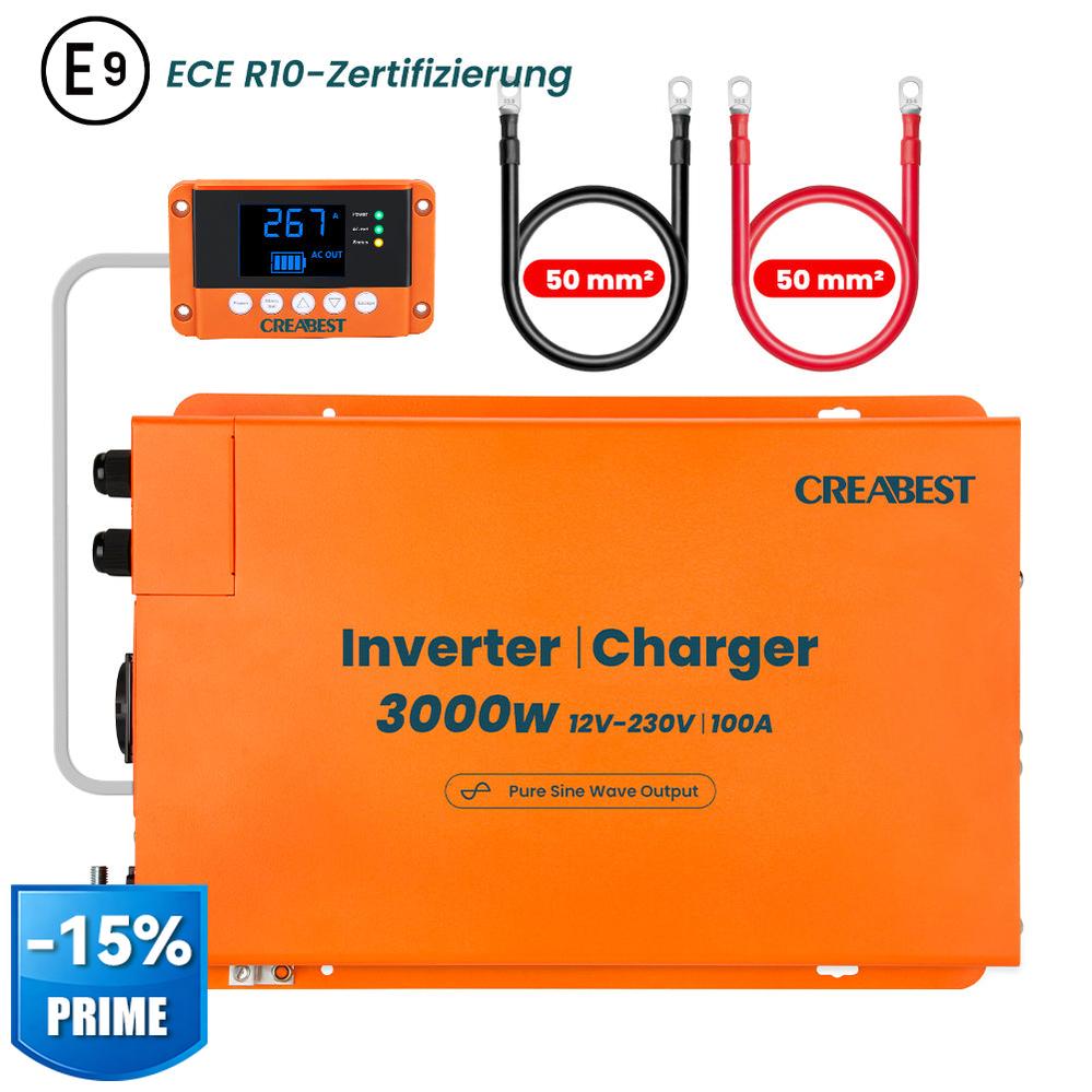 CREABEST 3000W Wechselrichter 12V auf 230V Reiner Sinus für Wohnmobil, Off Grid mit FI-Schalter, Ladegerät 100A, NVS, USV, R10, Wechselrichterkabel 50 mm²